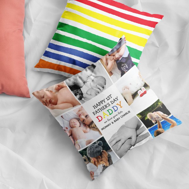 Cute First Father's Day Daddy | Photo Collage Throw Pillow (Creator Uploaded)