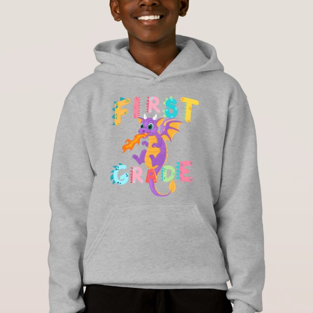 Cute First GRADE Dinosaur Squad School boys kids Hoodie (Front)