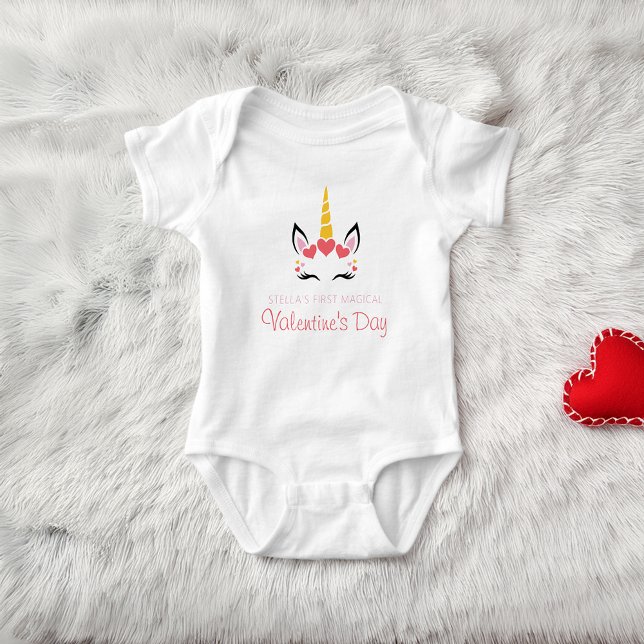 Cute First Magical Unicorn Valentine's Day Baby Bodysuit (Cute Magical Unicorn Valentine's Day Personalized Baby Bodysuit)