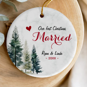 Cute First Married Christmas Red Heart Ceramic Ornament