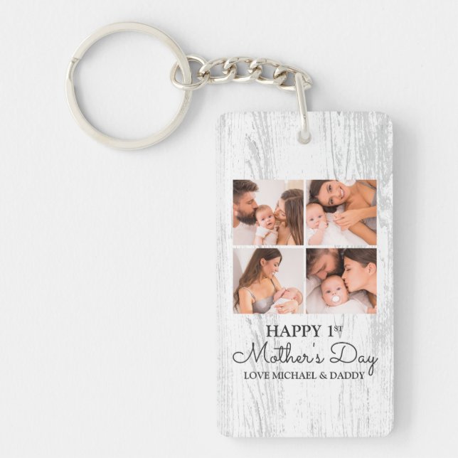 Cute First Mothers Day Modern Photo Collage Keychain (Front)