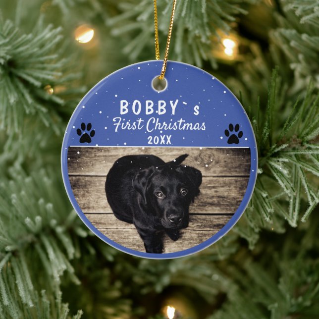 Cute First Puppy Christmas Paw Blue Dog Photo Ceramic Ornament (Tree)