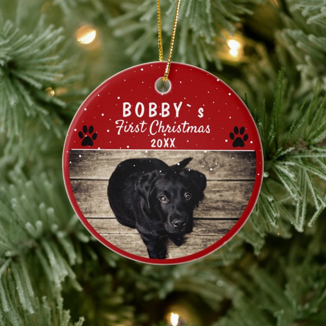 Cute First Puppy Christmas Paw Red Dog Photo Ceramic Ornament (Tree)