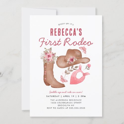 Cute First Rodeo Country Pink Cowgirl 1st Birthday Invitation