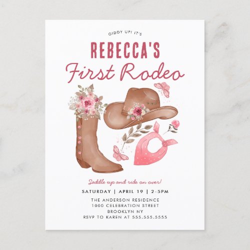 Cute First Rodeo Country Pink Cowgirl 1st Birthday Postcard