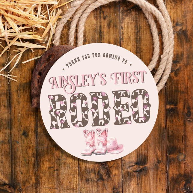 Cute First Rodeo Pink Personalized 1st Birthday Classic Round Sticker (Creator Uploaded)
