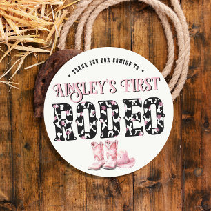 Cute First Rodeo Pink Personalized 1st Birthday Classic Round Sticker