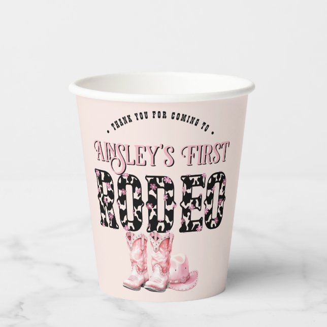 Cute First Rodeo Pink Personalized 1st Birthday Paper Cups (Front)