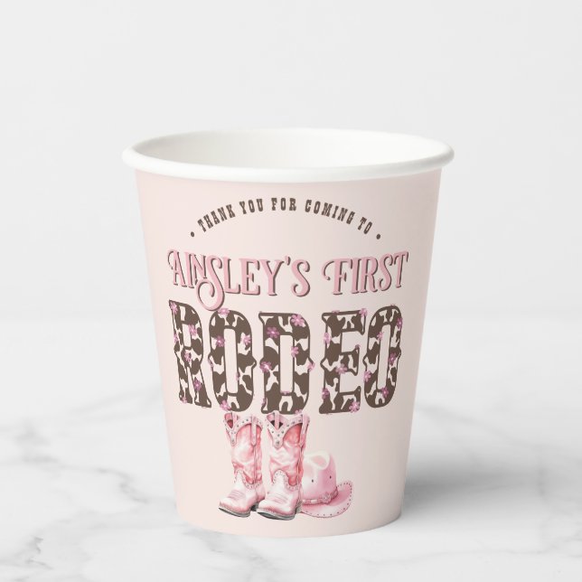 Cute First Rodeo Pink Personalized 1st Birthday Paper Cups (Front)