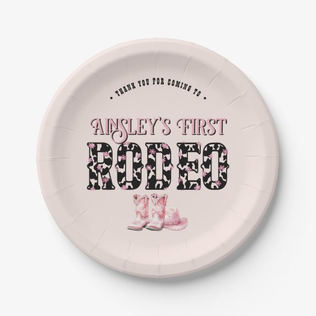 Cute First Rodeo Pink Personalized 1st Birthday Paper Plates (Front)