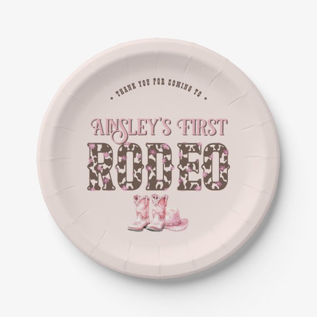 Cute First Rodeo Pink Personalized 1st Birthday Paper Plates (Front)