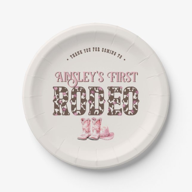 Cute First Rodeo Pink Personalized 1st Birthday Paper Plates (Front)
