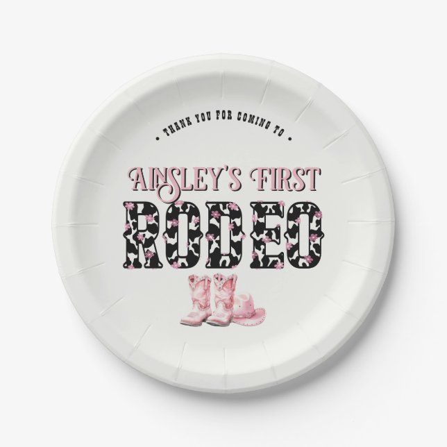 Cute First Rodeo Pink Personalized 1st Birthday Paper Plates (Front)