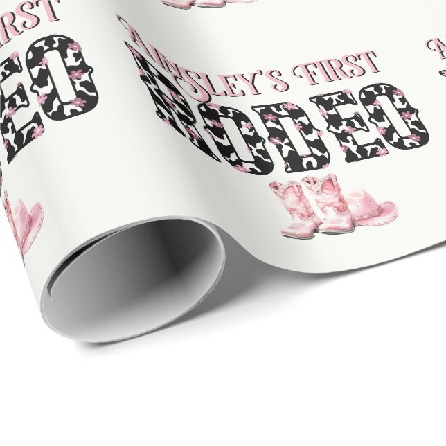 Cute First Rodeo Pink Personalized 1st Birthday Wrapping Paper (Roll Corner)