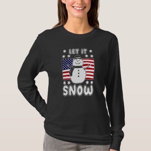 Cute First Snow Snowman US Flag Xmas USA American  T_Shirt