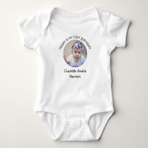 Cute First Year Name Round Photo Birthday Party Baby Bodysuit