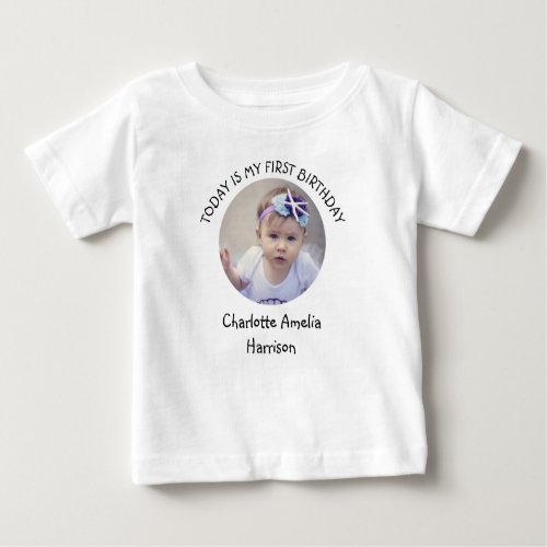 Cute First Year Name Round Photo Birthday Party  Baby T_Shirt