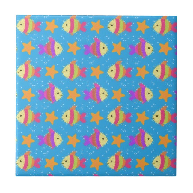 Cute Fish And Starfish Pattern Ceramic Tile (Front)