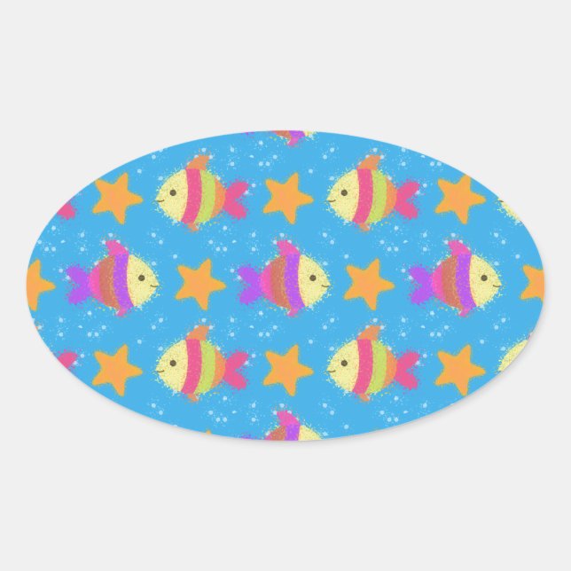 Cute Fish And Starfish Pattern Oval Sticker (Front)