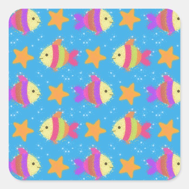 Cute Fish And Starfish Pattern Square Sticker (Front)