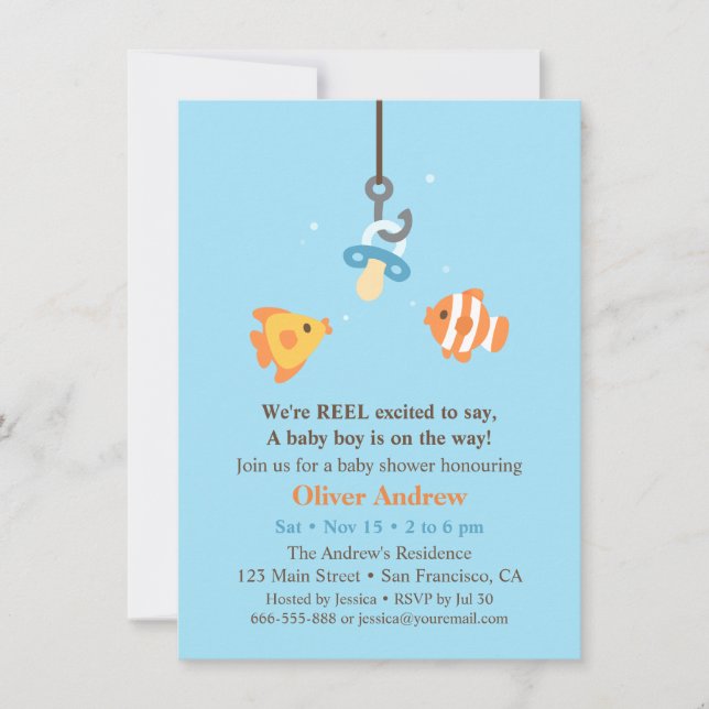 Cute Fish Bait Fishing Baby Shower Invitations (Front)