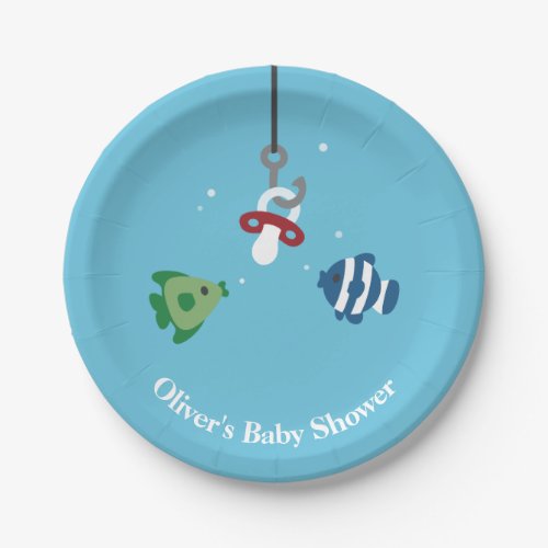 Cute Fish Bait Fishing Baby Shower Paper Plates