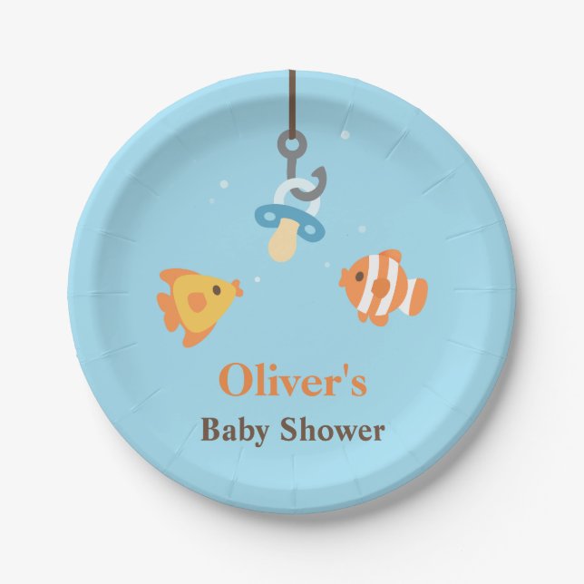 Cute Fish Bait Fishing Themed Baby Shower Supplies Paper Plates (Front)