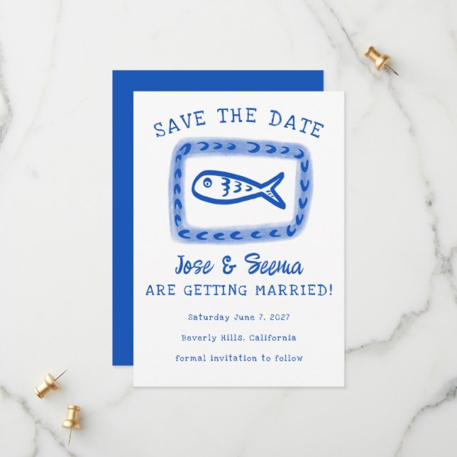 Cute Fish Hand Drawn Sweet Blue White Custom  Save The Date (Front/Back In Situ)