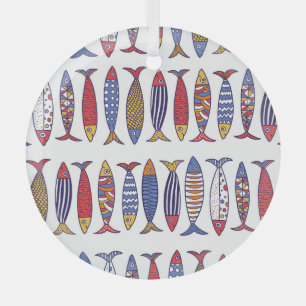 Cute Fish Illustration: Kids Seamless Background Glass Ornament