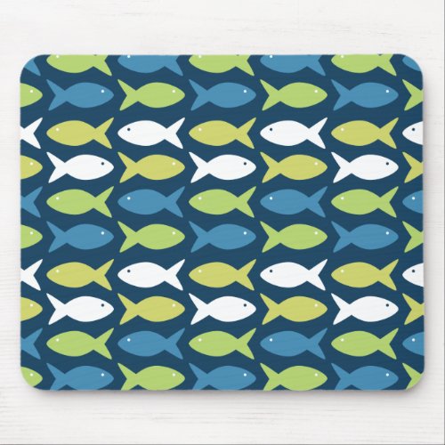 Cute Fish Pattern in Blue Green Yellow and White Mouse Pad