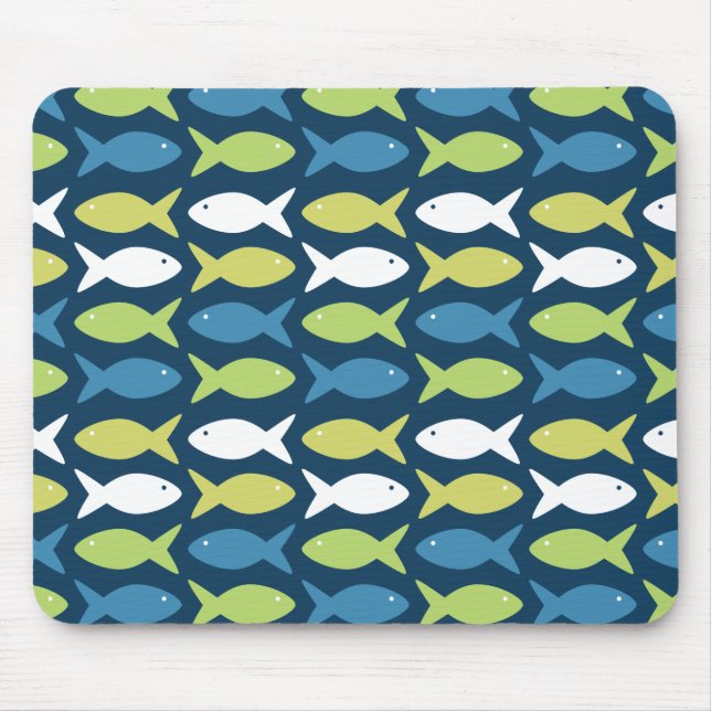 Cute Fish Pattern in Blue Green Yellow and White Mouse Pad (Front)