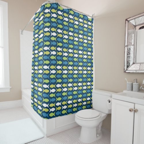 Cute Fish Pattern In Blue Green Yellow White Shower Curtain