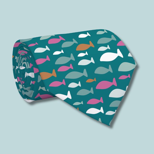 Cute fish pattern neck tie (Fish Shoal green tie)