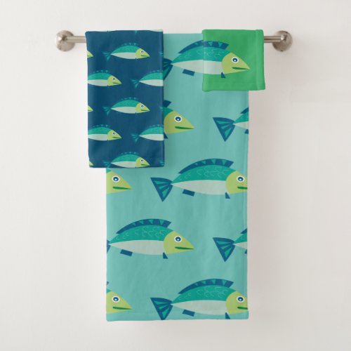 Cute Fish Pattern Teal Green Blue Bath Towel Set