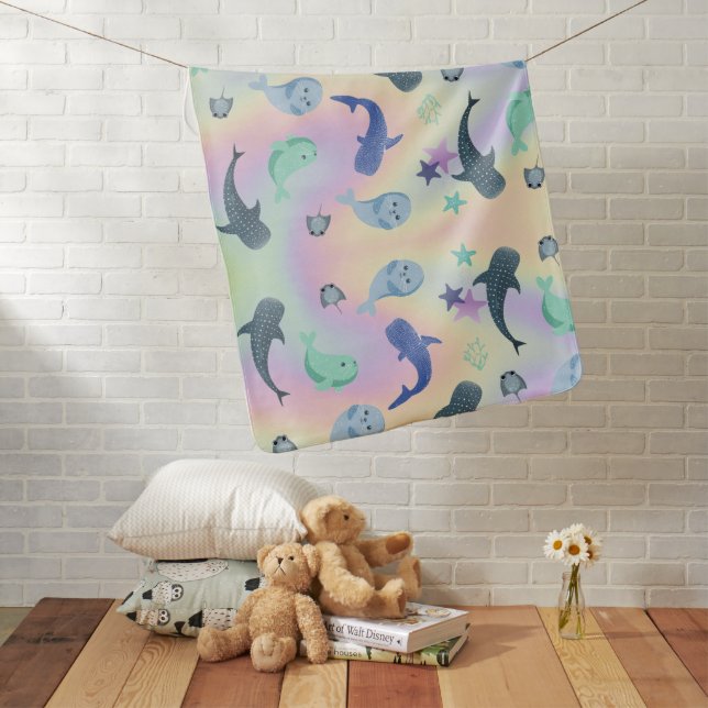 Cute Fish seal Ray Whale on gradient Rainbow Baby Blanket (In Situ)