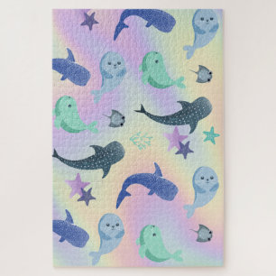 Cute Fish seal Ray Whale on gradient Rainbow Jigsaw Puzzle