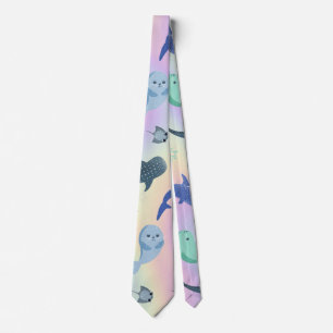 Cute Fish seal Ray Whale on gradient Rainbow Neck Tie