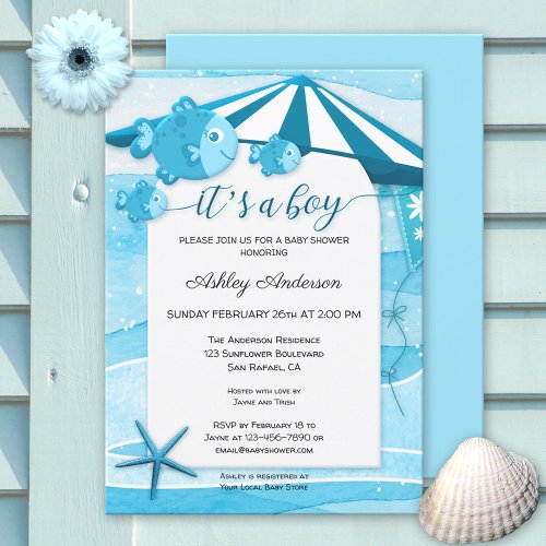 Cute Fish Turquoise Nautical Baby Shower Invitation