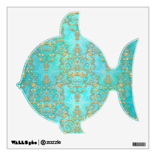 Cute Fish Turquoise Teal and Gold Damask Wall Decal