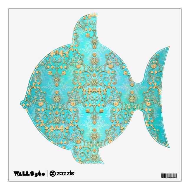 Cute Fish Turquoise Teal and Gold Damask Wall Decal (Front)