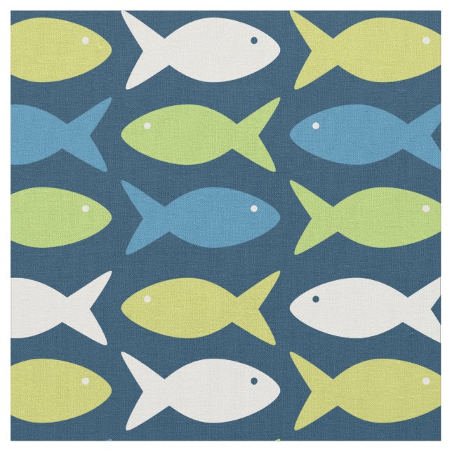 Cute Fish Under The Sea Nautical Blue Green Fabric (Close Up)