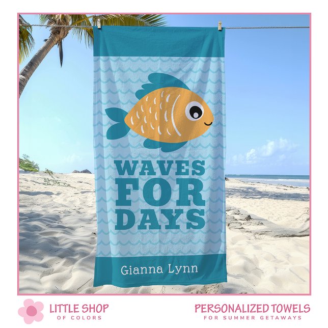 Cute Fish Waves for Days Personalized Kids Beach Towel (Creator Uploaded)