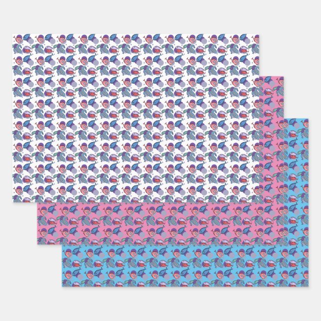 Cute Fishes and Eel Pattern Wrapping Paper Sheets (Set)