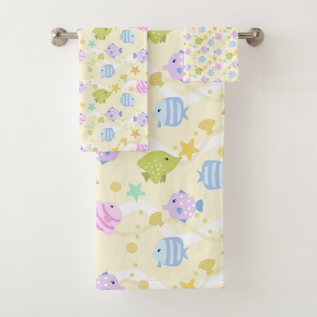 Cute Fishes Pastel Yellow Bath Towel Set (Insitu)