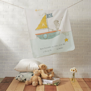 Cute Fishing Bear Sailboat Kids Monogram Baby Stat Blanket