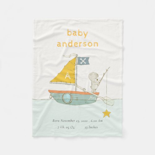 Cute Fishing Bear Sailboat Kids Monogram Baby Stat Fleece Blanket