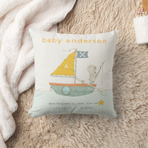 Cute Fishing Bear Sailboat Kids Monogram Baby Stat Throw Pillow