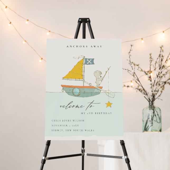 Cute Fishing Bear Star Any Age Birthday Welcome Foam Board (In Situ (Stand))