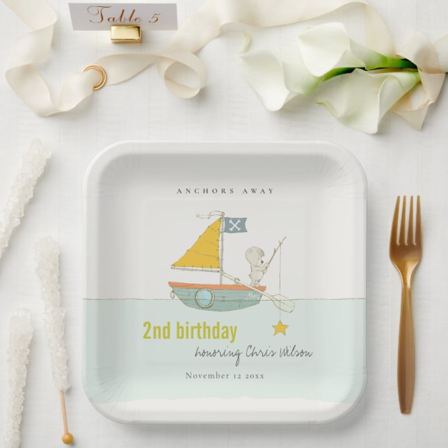 Cute Fishing Bear Star Sailboat Any Age Birthday Paper Plates (Wedding)
