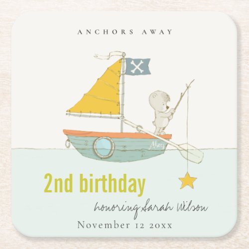 Cute Fishing Bear Star Sailboat Any Age Birthday Square Paper Coaster
